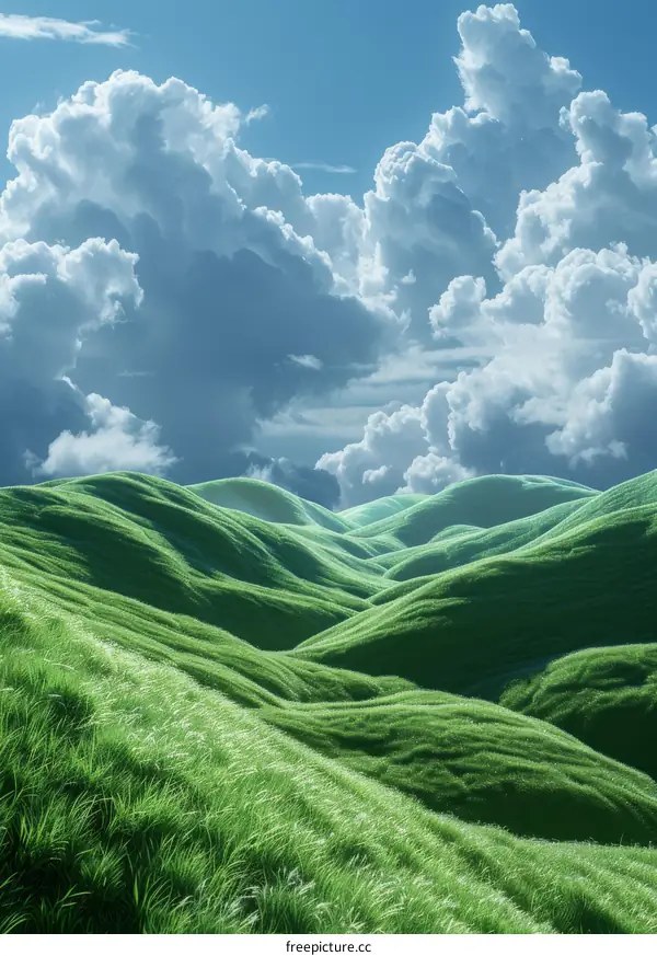 Rolling Green Hills with Blue Sky and White Clouds