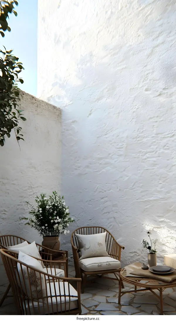 White Wall Patio With Wicker Furniture