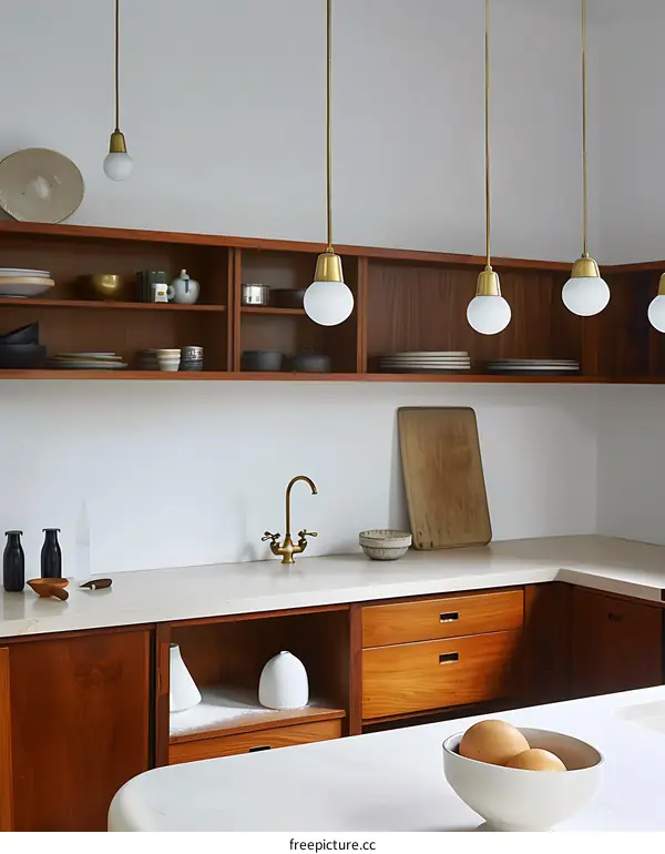 Modern Kitchen with White Marble Countertop and Wooden Cabinets