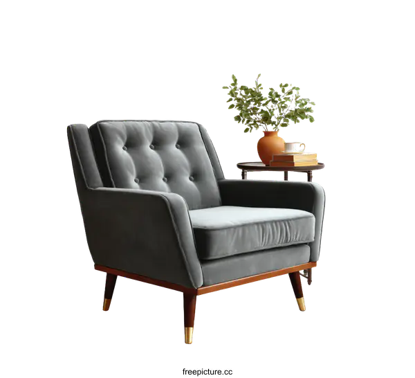 [Transparent Background PNG]Mid-Century Modern Armchair with Side Table