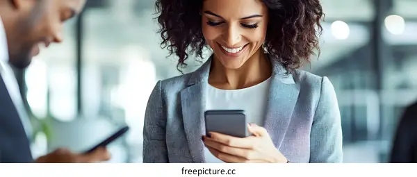 Smiling Businesswoman Looking at Smartphone