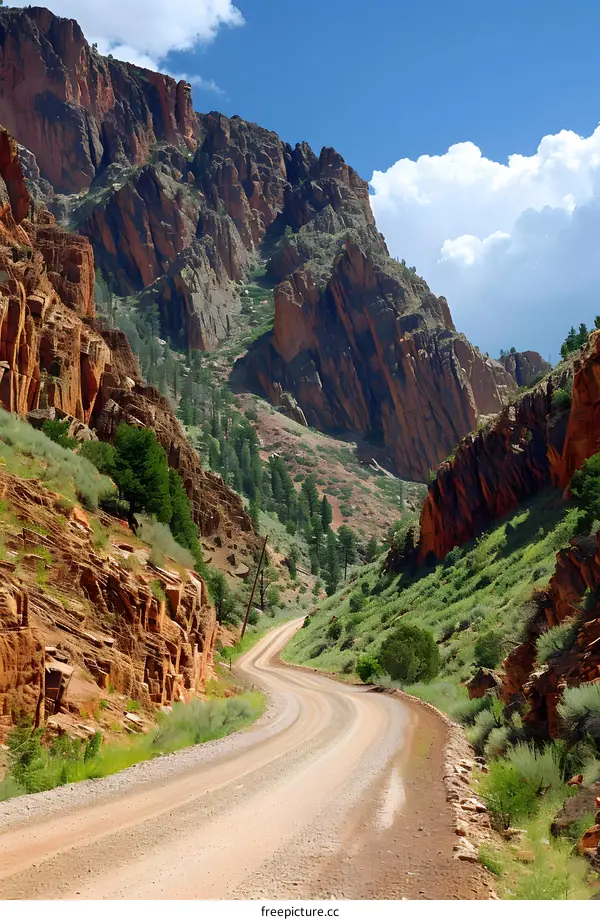 A dirt road winds through a narrow canyon