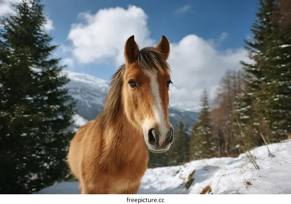 Winter Landscape with a Horse in Snowy Mountains