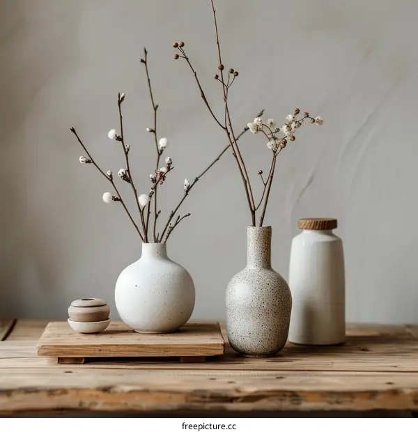 Still life with ceramic vases and dried flowers