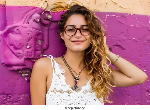 Portrait of a Young Woman with Long Blonde Hair and Glasses Smiling and Leaning Against a Purple Wall