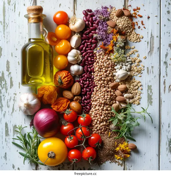 A variety of colorful vegetables and grains arranged on a rustic wooden background