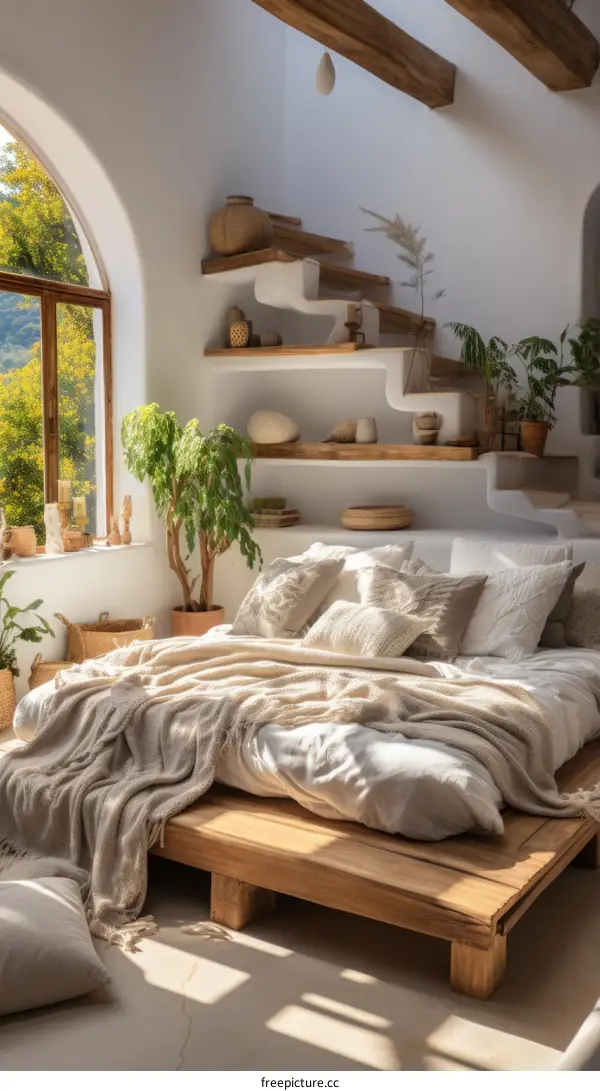 A bedroom with a large bed, a window, and a lot of plants