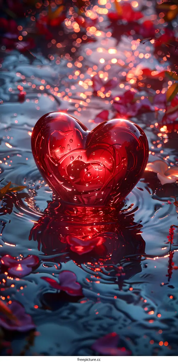 A red glass heart-shaped object is floating on the water. There are red petals and green leaves on the water surface. The background is blurred, and the subject is prominent. The whole picture is crystal clear and beautiful.