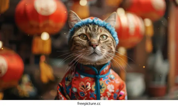 A cat wearing a Chinese traditional costume is sitting in front of a red lantern.