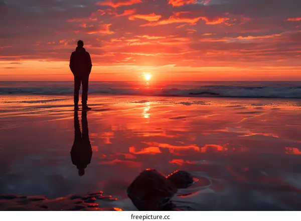 Lonely Man Silhouette at Sunset on Beach with Red Sky and Clouds