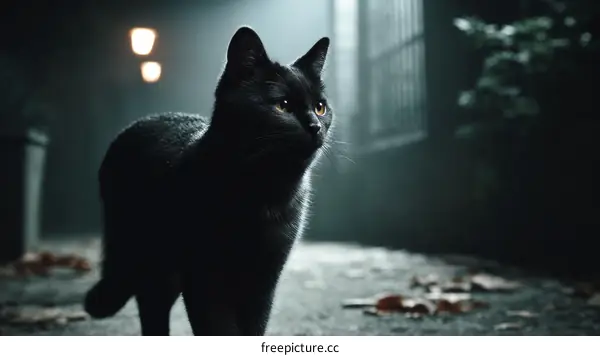 Mysterious Black Cat in an Alleyway at Night