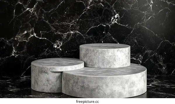 Modern Minimalist Grey Concrete Display Pedestals on Black Marble Background