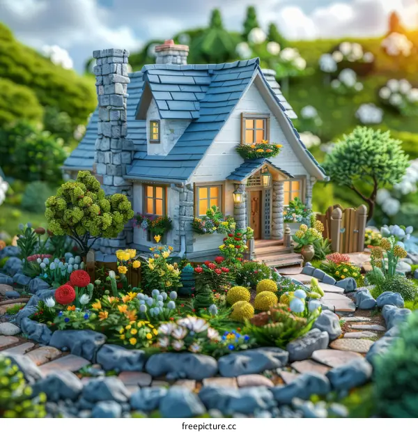 Small cottage in the middle of a beautiful flower garden