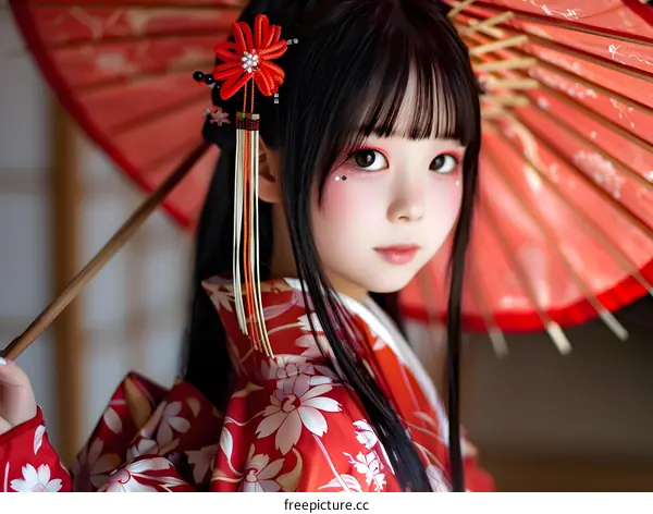 Little girl in red kimono holding a red umbrella