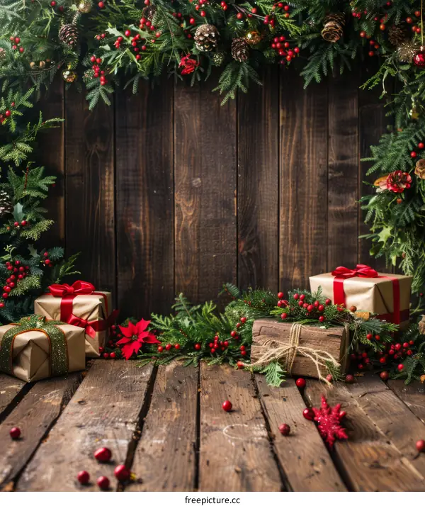 Rustic Christmas Background with Presents and Fir Branches