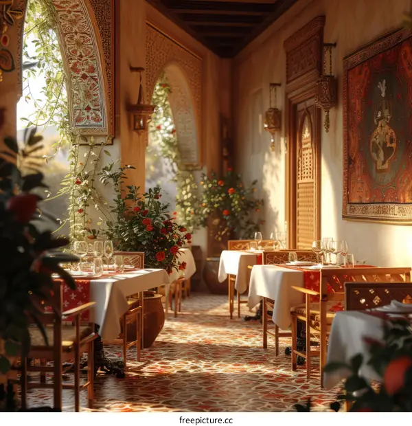 A beautiful Moroccan restaurant with a tiled floor and arched doorways