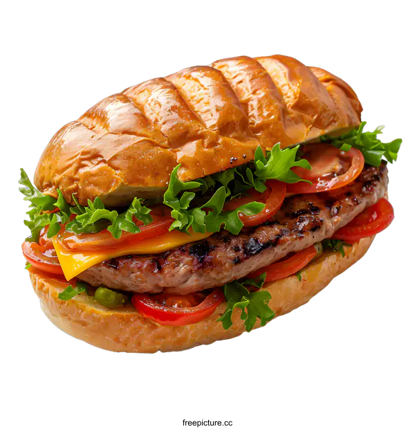 [Transparent Background PNG]Delicious burger with grilled beef patty, cheese, and vegetables on a white background