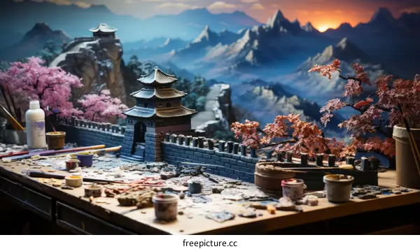 A model of the great wall of China sits on a table covered in paint supplies