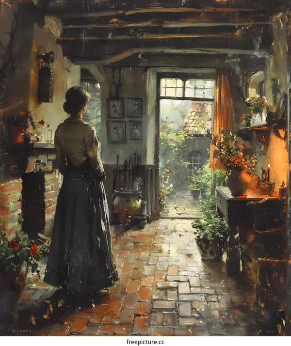 A woman standing in a kitchen looking out at a garden