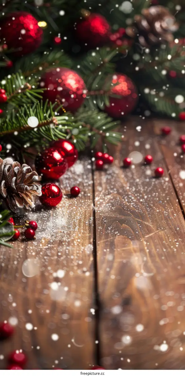 Christmas decoration with red and white ornaments on a wooden background
