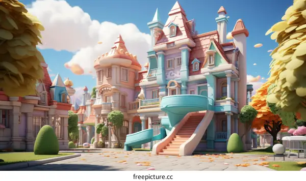 A colorful illustration of a street with cartoon houses