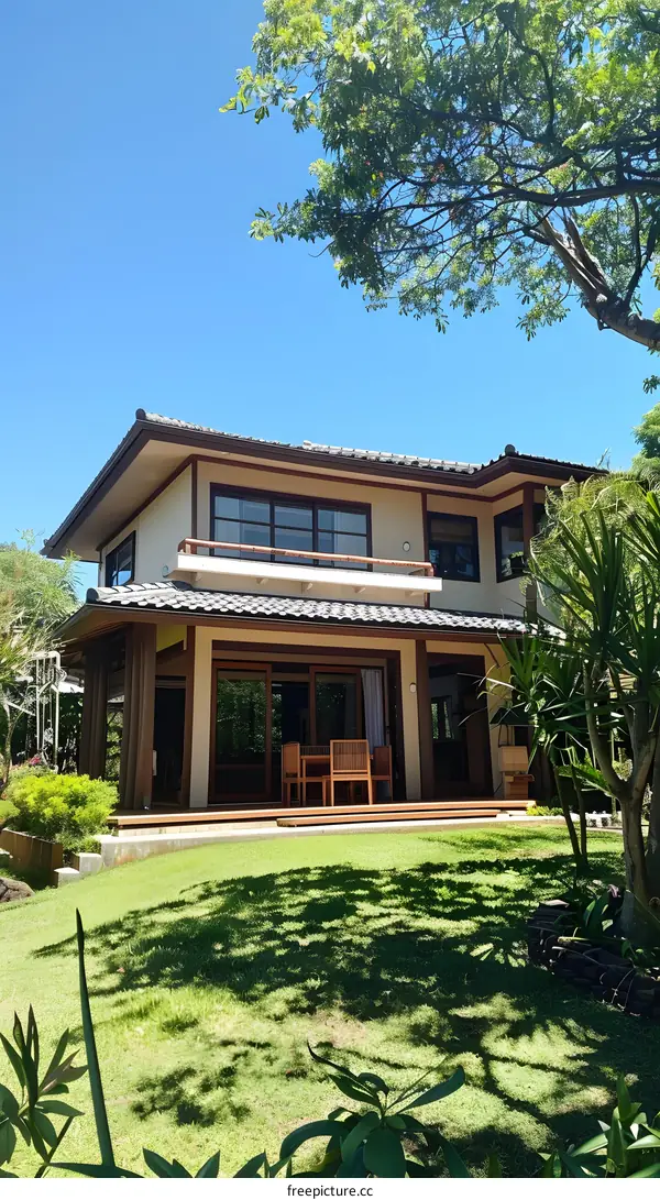 Modern Japanese Style House with Green Lawn and Trees