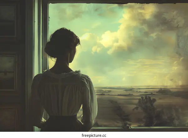 Woman in Vintage Dress Looking Out Window at Landscape