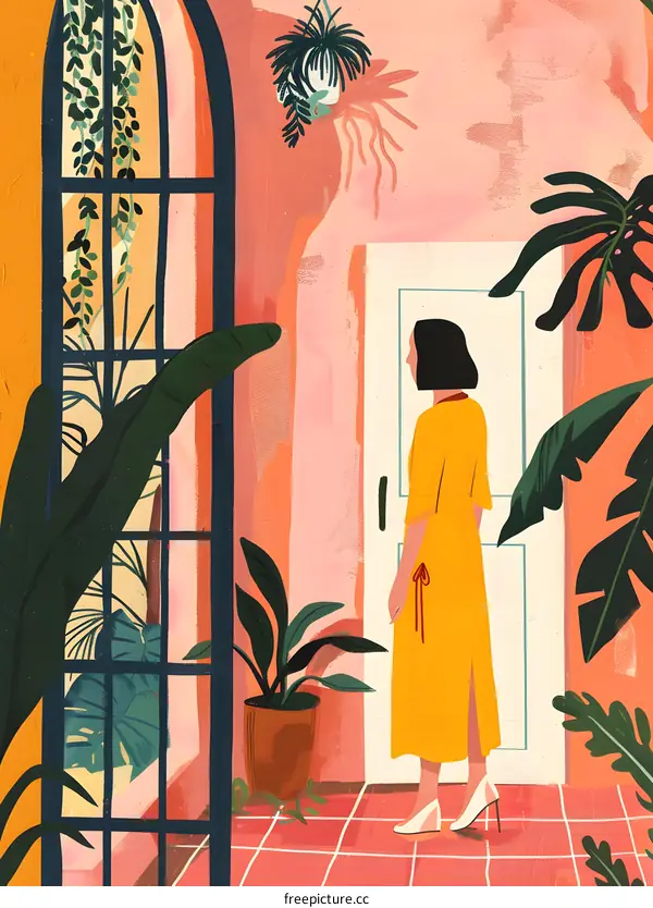 Woman Standing by Door in a Yellow Dress and Pink House