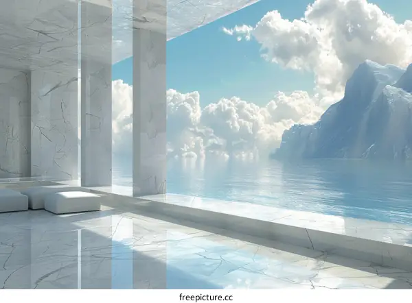 Luxurious Marble Room with Ocean View and Futuristic Elements