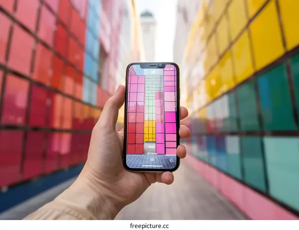 Hand Holding Smartphone With Colorful Buildings Photo on Screen