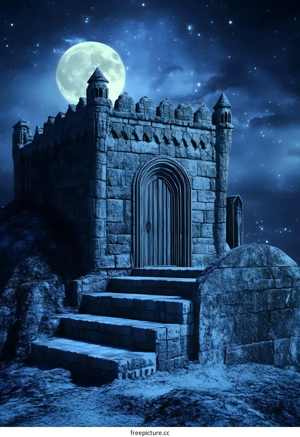 Stone Castle Tower Under The Full Moon Night