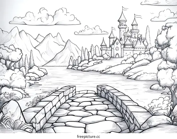 Enchanted Lakeside Castle Landscape Drawing