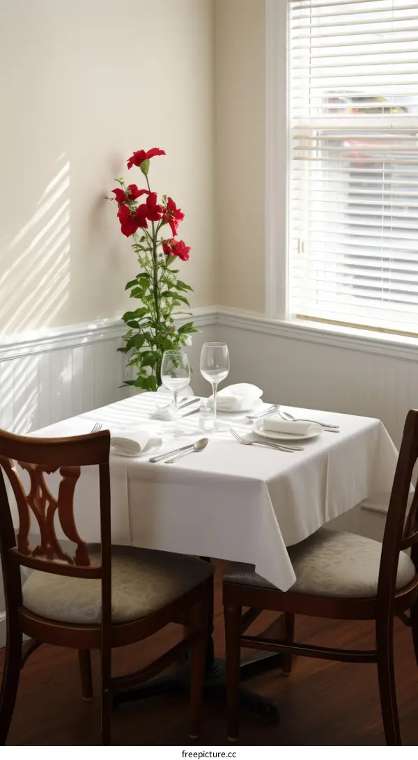Fine dining table setting with red flowers
