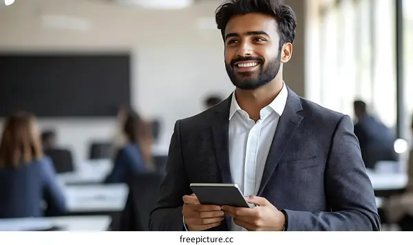 Businessman with Tablet in Modern Classroom Setting