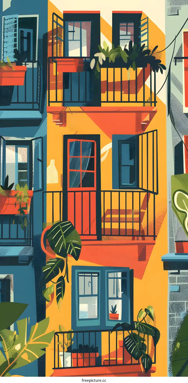 Colorful Apartment Building With Balcony and Plants Illustration