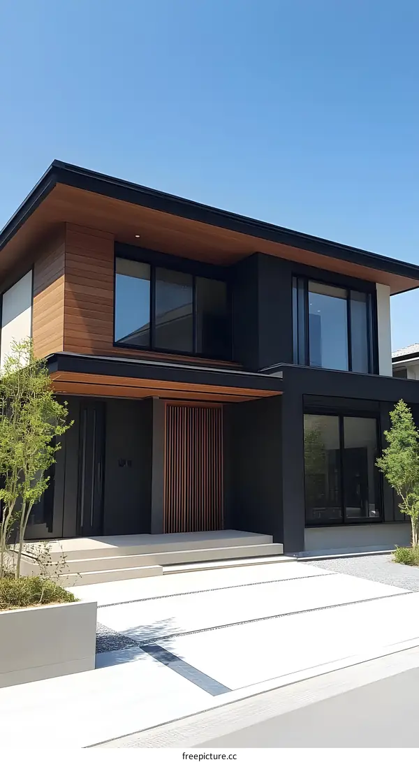 Modern Black And Wooden Exterior Of Contemporary House