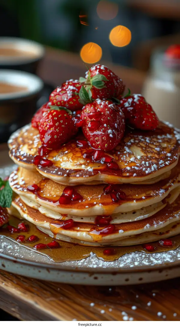 A decadent stack of pancakes topped with fresh strawberries and pomegranate syrup