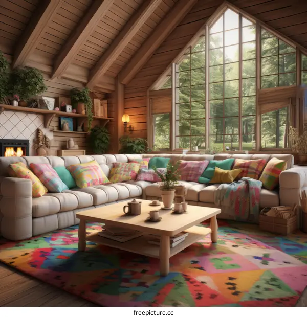 A cozy living room with a large window and a colorful rug