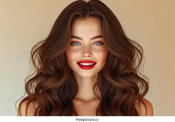 portrait of a beautiful young woman with long brown hair and blue eyes