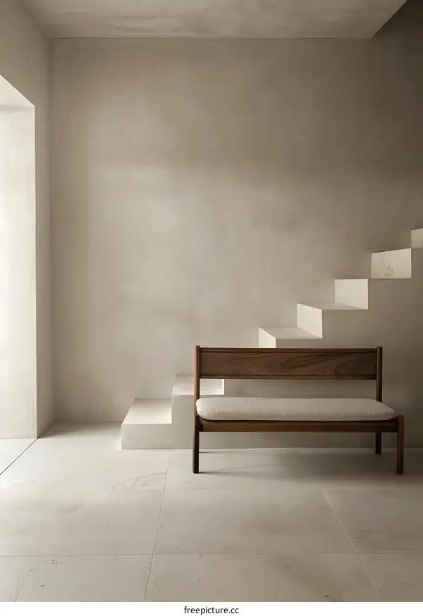 Minimalist Modern Interior Design with Wooden Bench and Concrete Stairs