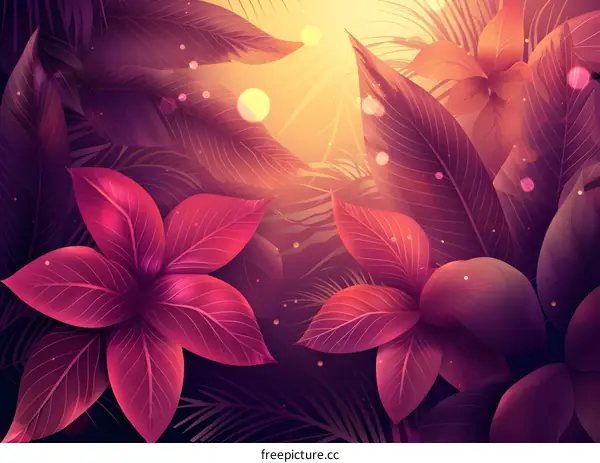 Pink flowers and green leaves in a tropical rainforest