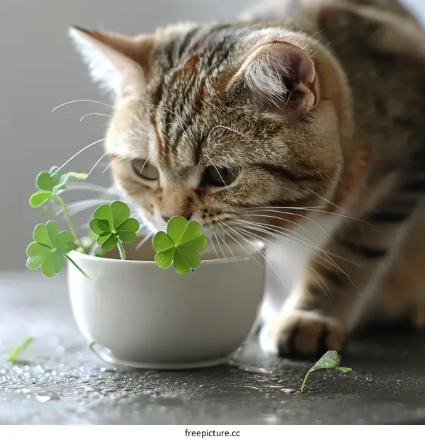 A ginger cat sniffing a bowl of four-leaf clovers