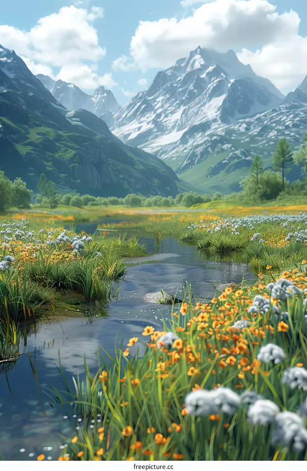Panoramic view of an alpine meadow with a stream and wildflowers