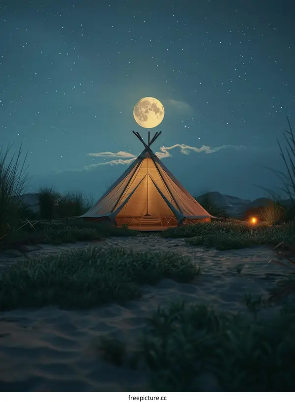 teepee under starry night with huge moon