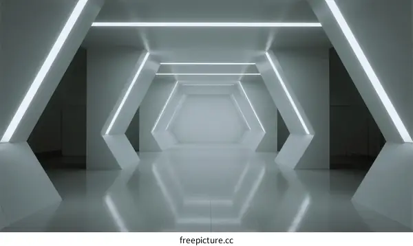 Futuristic geometric corridor with glowing white neon lights