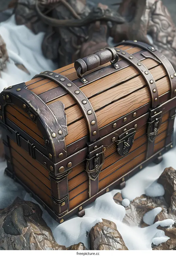 Ornate Wooden Treasure Chest with Metal Accents on Snowy Surface