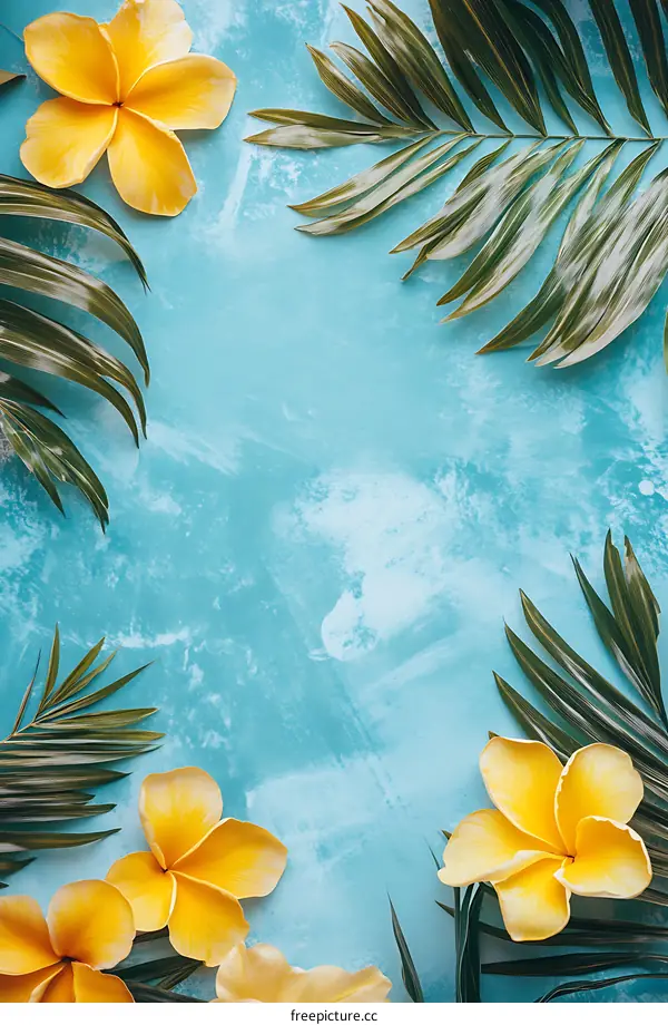 Tropical Leaves and Flowers on Blue Background