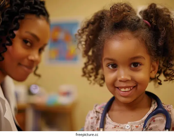 Little girl smiling with doctor in background