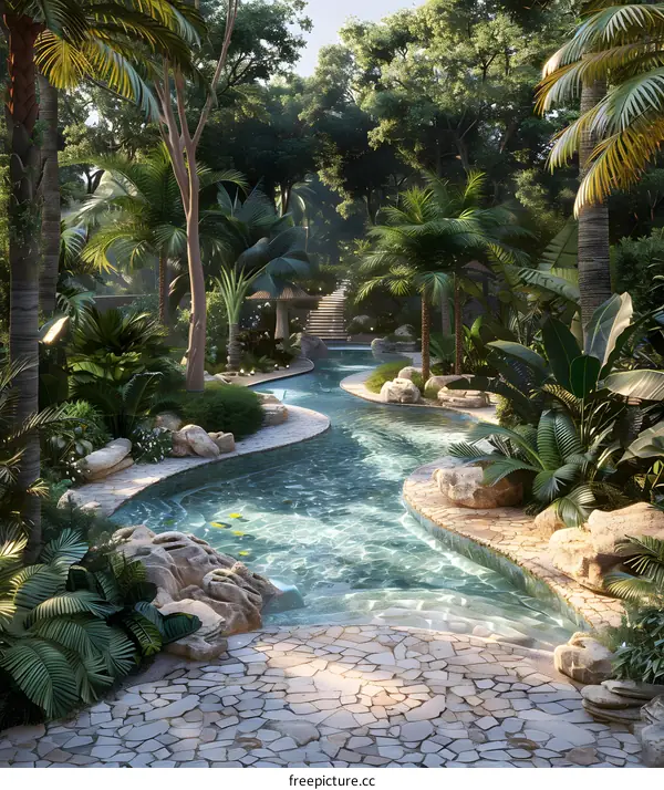 A river flows through a lush tropical rainforest. The river is clear and blue, and the banks are lined with dense vegetation and exotic flowers. Birds are singing in the trees.