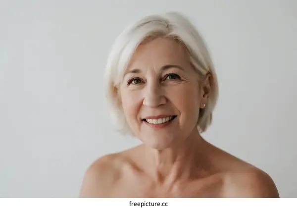 Portrait of a mature woman with short white hair smiling